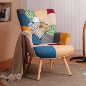 Colorful Plaid Bohemian Style High Back Arm Chair